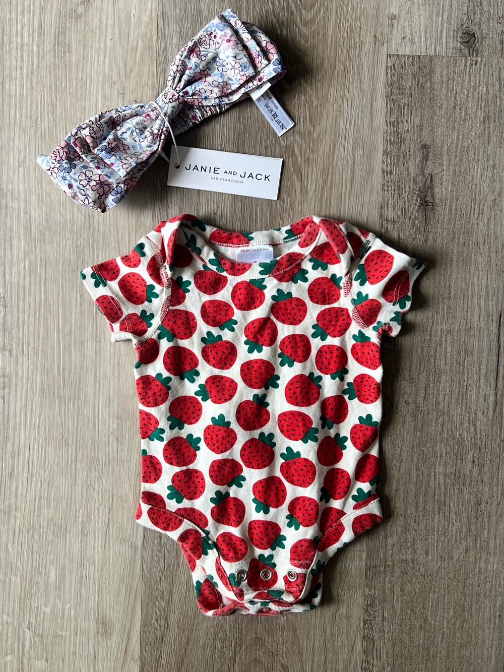 Hanna Andersson Strawberry Print Onesie + NWT Janie and Jack Floral Headband